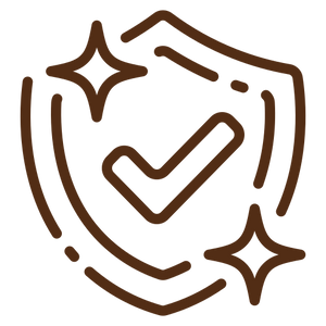 Brown outline of a shield with a checkmark and sparkles.