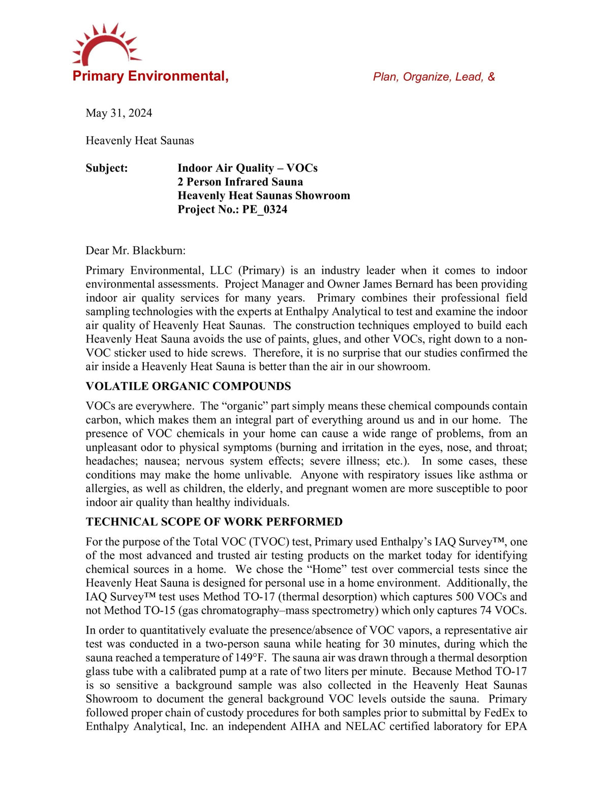 Primary Environmental VOC test report, page 1